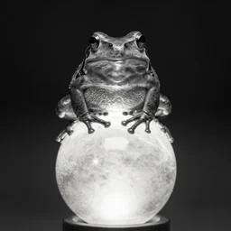 A big frog. The frog has 8 legs. The frog sits on top of a backlit glass sphere. Monochrome, high contrast