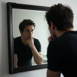 man contemplating at his reflection in the mirror, portrait studio, taken with canon eos, f 1. 4, dramatic diffused light, iso 2 0 0,