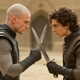 a dagger-fight bald_brooding_Austin_Butler_as_Feyd-Rautha_Harkonnen versus Timothee_Chalamet_as_Paul_Atreides, in an arena fight-pit in movie Dune-2021, golden ratio, clear gaze, detailed eyes, detailed faces, 8k