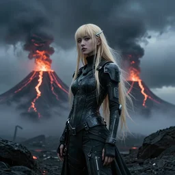 volcano eruption post apocalyptic scene with a long haired blonde cyber girl futuristic rick owens bladerunner stormy weather in the style of reuben wu