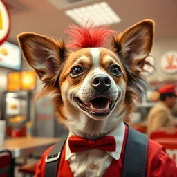 a person who is a mixture of a mexican chihuahua and ronald mcdonald and colonel sanders, inside a fast - food restaurant.