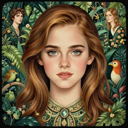asian japanese emma watson portrait, symmetrical front view, jungle background, intricate, highly detailed, concept art, sharp focus, illustration, artgerm, ruan jia, jurgens, aleksi briclot, mucha