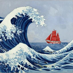 Giant threatening beautiful Rolling waves, with a distant, red sailed yacht in the style of Jackson  Pollack and painted in a style of painting similar to Van Gogh but more impasto and less hatching