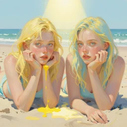 portrait of two beautiful girls on the beach, sunbathing, pastel shades uf yellow en light blue, beautiful face, rule of thirds, spotlight, drips of paint, expressive, passionate, by greg rutkowski, by jeremy mann, by francoise nielly, by van gogh, digital painting