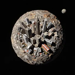 photograph of a city on an asteroid floating in space