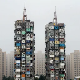 two high towers, made up of makeshift squatter shacks with faded colours, plain uniform sky at the back, uneven fog, dystopia, mamiya, fully frontal view, ultra sharp, very detailed, photographed by julie blackmon