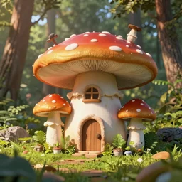 a mushroom house in forest, sunny day, by unreal engine.