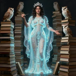 ornella muti as the goddess minerva surrounded by stacks of books, owls, bioluminescent gown with deep level of detail of esoteric symbols, urban motifs, intricate, elegant, highly detailed, digital painting, trending on artstation, smooth sharp focus, style of dariusz zawadzki