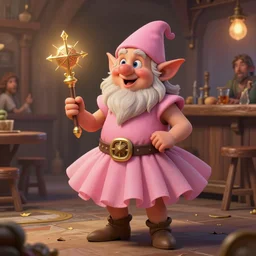 dwarfish cleric wearing a pink tutu, holding a holy symbol, he is preaching. the background is a friendly tavern. The mood is friendly and welcoming. dungeons and dragons, highly detailed, matte painting, artstation, concept art, sharp focus, illustration, art by Leonardo da Vinci and Michelangelo and Botticelli