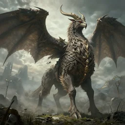 highly detailed elden ring portrait photo of a huge mounted gryph - furbolg - mumakil in in scenic dystopian environment, dramatic light, hyperrealistic illustration by william didier - pouget