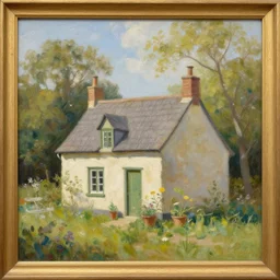 a beautiful painting of a little cottage,
