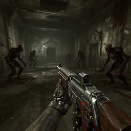 screenshot from horror fps, biomechanical first person weapon, dilapidated dungeon level, undead monsters, cryengine, subsurface scattering, raytraced shading, 8 k