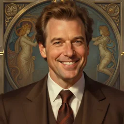 close up of andy richter smiling wearing a brown suit and necktie, focus, d & d, intricate, elegant, highly detailed, digital painting, artstation, concept art, matte, sharp focus, illustration, hearthstone, art by artgerm and greg rutkowski and alphonse mucha
