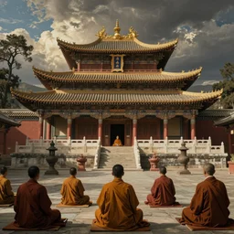 east asia hindu buddhist temple with monks meditating in the foreground, by anthony van dyck, camille corot, dorothea tanning