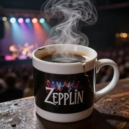 a cracked mug of coffee with a led zepplin concert happening on the rim, macro, stage fog, steam, stage lighting