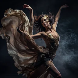 a photorealistic dramatic hyperrealistic render photography of a glamorous beautiful female dancer by ken brower and deborah ory of nyc dance project, lois greenfield, flowing cloth and smoke, beautiful dynamic dramatic dark moody lighting, beautiful intricate face, volumetric, shadows, artgerm, alphonse mucha, cinematic atmosphere, octane render, 8 k