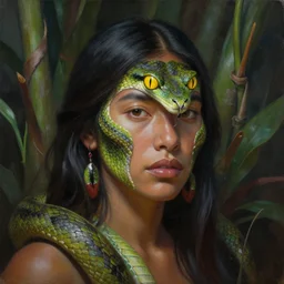 the ayahuasca vine plant spirit mixed with the face of a beautiful indigenous woman with green snake skin and yellow snake eyes, matte painting, by christophe vacher and alex gray