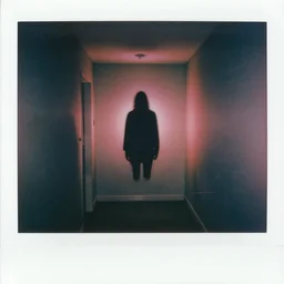 a creepy neon silhouette hovers inside of a hall. liminal, cozy, dramatic soft color lighting ( 1 9 8 4 ). featured polaroid