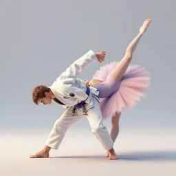jiu jitsu athlete and a ballet dancer doing an extreme contortion choreography, dance photography, pastel colors palette, 3 d scan, high detail, panoramic view, foreshortening, natural light