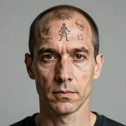 man with astrological signs on his forehead instead of wrinkles