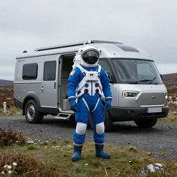 astronaut tourist wearing blue space suit, standing in the Isle of Harris, Scotland, a futuristic metallic campervan in the background, wide angle lens, photorealistic