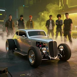 1 9 5 0's classic hotrod concept car from cyberpunk 2 0 7 7. art by jesper ejsing, feng zhu, makoto shinkai, lois van baarle, ilya kuvshinov, rossdraws. clouds by rhads. global light 3 d rtx hdr