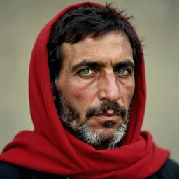 portrait of president martin van buren as afghan man, green eyes and red scarf looking intently, photograph by steve mccurry