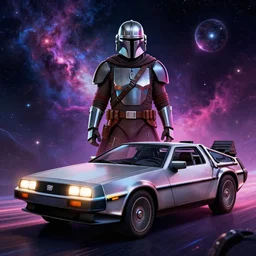 the mandalorian in a 1 9 2 2 delorean, very detailed, space vibe, nebula, illuminated, digital illustration, vibrant, futuristic, greg rutkowski, tom bagshaw