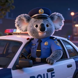 koala bear as anthropomorphic police officer pixar style sitting in a police car nighttime