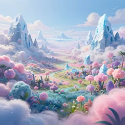a psychedelic realm with rolling plains made out of clouds, mountains made out of icebergs, and plant life made out of cotton candy, in the style of wlop and namek, illustration, epic, fantasy, hyper detailed, smooth, unreal engine, sharp focus, ray tracing