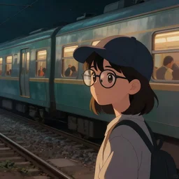 a cute girl wearing glasses and a cap, looking to the trains, cinematic lighting, dramatic atmosphere, artwork by dustin nguyen, akihiko yoshida, greg tocchini, greg rutkowski, cliff chiang, 4 k resolution, trending on artstation, octane render