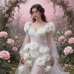 Nina Dobrev dressed in a vaporous wrapped large  victorian white roses cotton dress fashion in a pink garden, D&D, fantasy, intricate, elegant, highly detailed, digital painting, artstation, concept art, matte, sharp focus, illustration, art by Artgerm and Greg Rutkowski and Alphonse Mucha