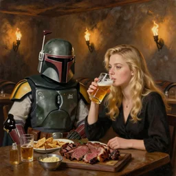 (((((Boba Fett))))) and a beautiful young blonde drinking beer in a wine cellar, food, meat, schnapps, torches on the wall, romantic, inviting, cozy, painting by Vladimir Volegov