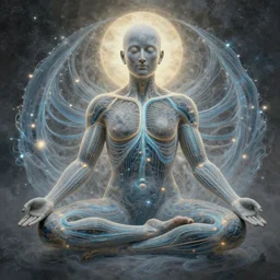 the process of meditation, rivers of qi flowing in meridians in a cosmic human body in the style of alex grey