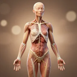 human body without skin, nerves exposed, anatomically correct, 4k, bokeh, professional photography