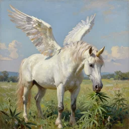 an unicorn with wings eating in a field of marijuana, oil painting, fantasy art, concept art, highly detailed, high quality, 8 k, masterpiece