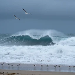 photo of a stormy ocean, huge ocean waves, seagulls flying, sandpipers on the beach | cinematic, blue grey lut, national geographic, award winning photo, nature photography