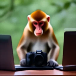 monkey using a computer, National Geographic, Canon EOS R3, f/1.4, ISO 200, 1/160s, 8K, RAW, unedited, symmetrical balance, in-frame