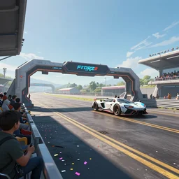 wide angle shot of a futuristic vehicle racetrack finish line from the attendee stands with confetti on a sunny day with a clear blue sky, cyberpunk, profile shot, digital painting, good value control, unreal engine 5, fourze, realistic textures