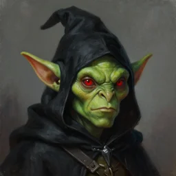 a detailed portrait painting of a goblin wearing a black pointy hood. green skin, tiny red eyes, sharp nose. dungeons and dragons character art, warcraft art, warhammer fantasy, in the style of tim hildebrandt