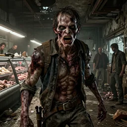 fallout 5, butcher angry horror zombie, detailled portrait, indoors dilapidated butchery interior, atmospheric lighting, intricate, volumetric lighting, grimdark, daytime, sharp focus, deep colours, ultra intricate detailed, octane render, unreal engine, by leesha hannigan, ross tran, thierry doizon, kai carpenter, ignacio fernandez rios