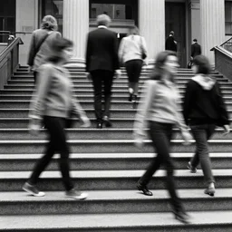 multiple people walking up a stair in the city by richard avedon. black and white. ilford delta. long exposure, motion blur.