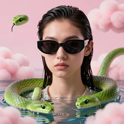 3 d close - up, water, fashion model in sunglasses, pink clouds background, green snakes, hyper detailed, photo realistic, vouge style photo, artwork by tooth wu and wlop and beeple and greg rutkowski