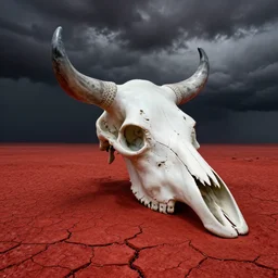 a post - apocalyptic wasteland, red cracked earth, cow skull, dark thunderclouds, glass paint, overglaze, ornament, time - lapse, photojournalism, wide angle, perspective, double - exposure, light, tones of black in background, ultra - hd, super - resolution, massive scale, perfectionism, soft lighting, ray tracing global illumination