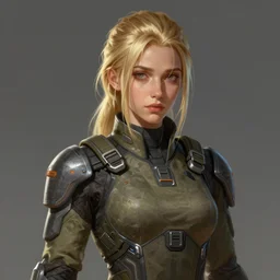 Portrait of a woman by Greg Rutkowski, she is about 20 years old, ukrainian, blonde hair with two strands around her face, young, attractive, athletic, badass, kinda sad but friendly look, she is wearing futuristic military fatigues, highly detailed portrait, scifi, digital painting, artstation, concept art, smooth, sharp foccus ilustration, Artstation HQ