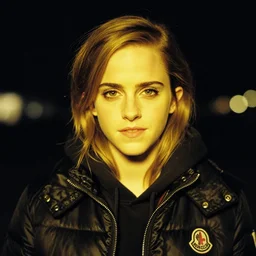 portrait close up, emma watson wearing moncler jacket, night time, yellow tungsten light, 2 6 mm, kodak gold 2 0 0,