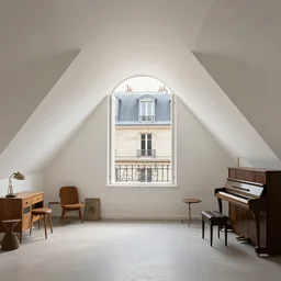 parisian studio attic with a balcony and roof window, decorated with vintage furniture and piano, wide angle