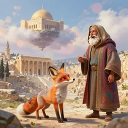 a adorable small fox in the huge ruins of the second temple in jerusalem in the distance. the third temple hovers quietly hiding in the dreamy clouds above. a hooded bearded old man in a tunic laughing, colorful 8 k, art station, intricate superb details, digital art, cinematic, bokeh dof sky, a painting by afremov.