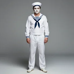 matt damon with white mime makeup on white face in white sailor costume, peakless cap, fullbody, by nicoletta ceccoli, mark ryden, lostfish, max fleischer, hyper realistic, artstation, illustration, digital art, matte paint, vivid colors, bright, cheerful, detailed and intricate environment