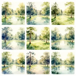 3 x 3 array images of watercolor park